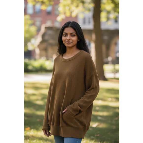 Free People Beach Banded Pullover Sweater Chocolate Brown Pockets Size Large - Picture 1 of 10